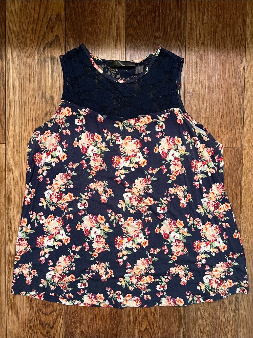 Shiela Rose Floral Lace Yoke Sleeveless Top - Navy Floral